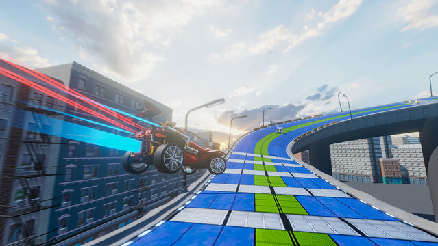 Off-Road Racing Arcade Video Game Level in Chaotic City. Computer Generated 3D Render of Car Driving Fast, Drifting, Collecting Coins on Highway. VFX Illustration. Third-Person View Gameplay.