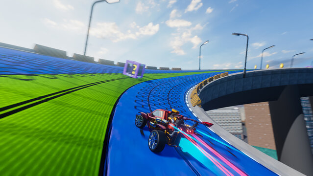 Off-Road Racing Arcade Video Game Set in Chaotic City. Computer Generated 3D Render of Car Driving Fast, Drifting, Collecting Coins on Highway. VFX Illustration. Third-Person View Gameplay.