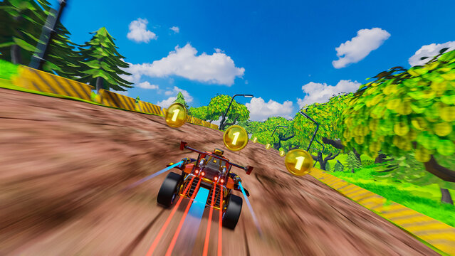 Off-Road Racing Arcade Video Game. Computer Generated 3D Render Of Car Driving Fast, Drifting And Collecting Coins On Gravel Country Road. VFX Illustration. Third-Person View Gameplay Concept.