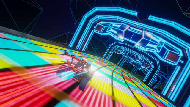Gameplay Concept of an Off-Road Racing Video Game in Futuristic Sci-Fi Fantasy Space. Computer Generated 3D Render of Fast Car Driving and Drifting on Neon Track. VFX Illustration. Third-Person View.
