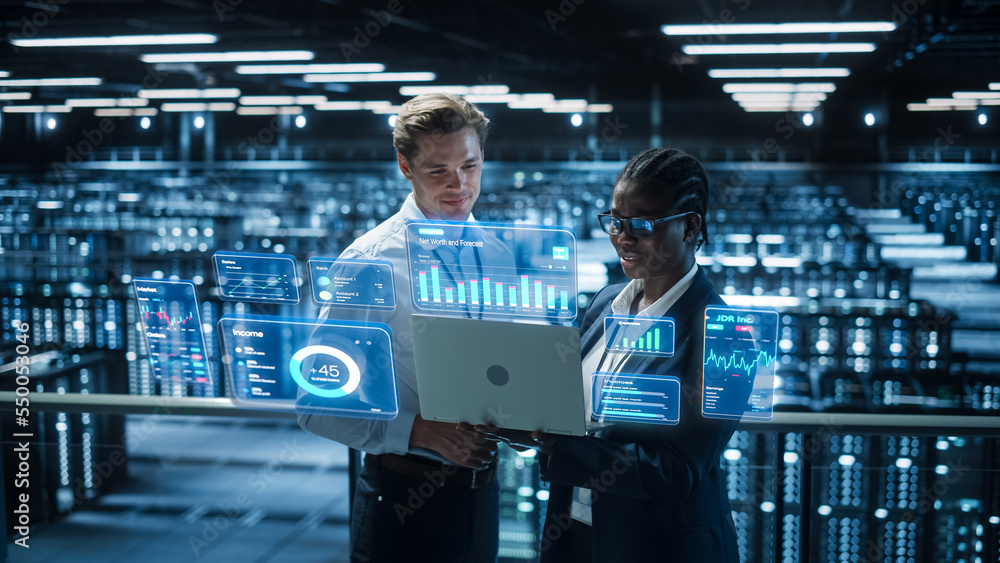 Aufkleber Technical Engineer and Project Administrator Using Computer in Modern Data Center Server Room Facility. Augmented Reality Productivity and Corporate Business Data Icons Appear From Worker's Laptop.