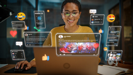 Beautiful Short Haired Project Manager Working on Computer in Office. Augmented Reality Social...