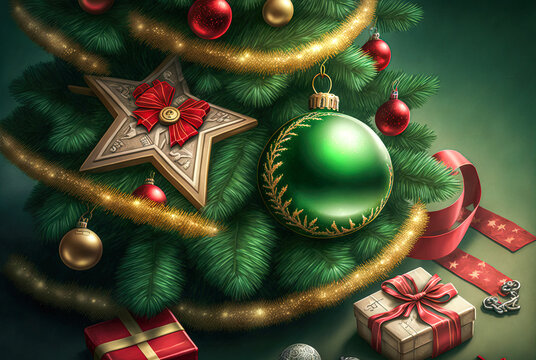A close-up of a Christmas tree decorated with presents, and ornaments. A Christmas Wallpaper. A Christmas Scene. Digital Illustration.
