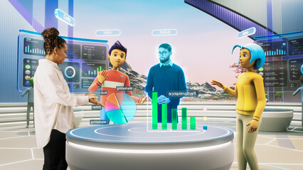 Online Business Meeting in Virtual Reality Office. Real Female Manager Standing Next to Two Avatars...