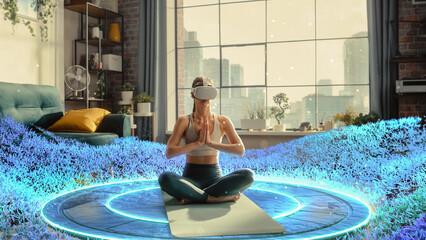 Young Athletic Woman Wearing Virtual Reality Headset, Practising Meditation in Futuristic Way. Her...