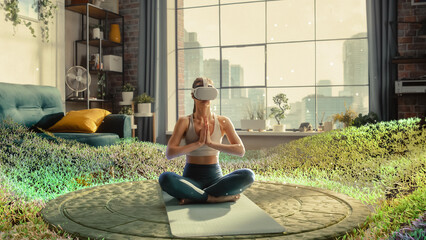 Young Athletic Woman Wearing Virtual Reality Headset, Practising Meditation in Modern Futuristic...