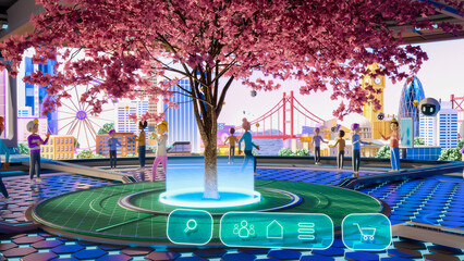 3D Render of Beautiful Digital Metaverse. Virtual Reality World With User Avatars, Buildings,...