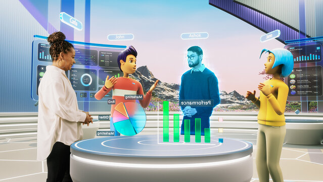 Online Business Meeting in Virtual Reality Office. Real Female Manager Standing Next to Two Avatars of Colleagues, and a Hologram of Another Specialist. Futuristic 3D Meta Universe Concept.