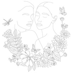 Two faces with flowers using a vector drawing in one line. Portrait in a minimalist style. Botanical prints. A natural symbol of cosmetics. The modern art of continuous line. Fashionable print.