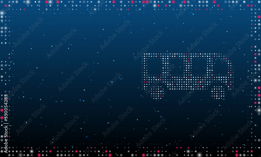 Poster on the right is the bus symbol filled with white dots. pointillism style. abstract futuristic frame 