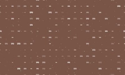 Seamless background pattern of evenly spaced white bus symbols of different sizes and opacity. Vector illustration on brown background with stars