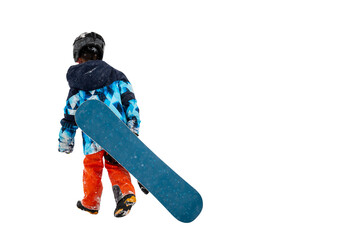 Person with snowboard on the snow. One Asian child is walking with transparent background. - Powered by Adobe