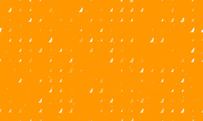 Seamless background pattern of evenly spaced white dog symbols of different sizes and opacity. Vector illustration on orange background with stars