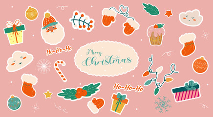 Fototapeta na wymiar Christmas stickers collection with cute seasonal elements, isolated. Colorful vector illustration in flat cartoon style