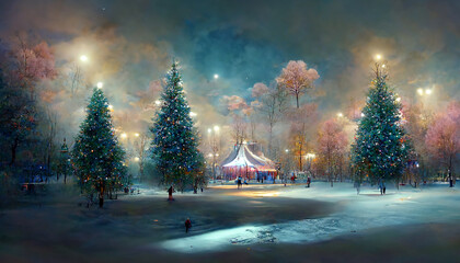 christmas circus at a winter landscape at night, digital illustration, created with generative ai