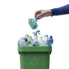 PNG file no background Woman putting plastic in the recycling bin