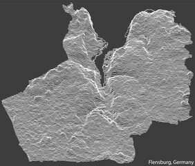 Topographic negative relief map of the town of FLENSBURG, GERMANY with white contour lines on dark gray background