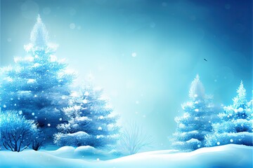 Christmas blue background with snow and snowflakes. Wintertime and snowy winter landscape