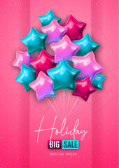 Holiday big sale typography poster with pink and blue star shaped balloons. Vector illustration