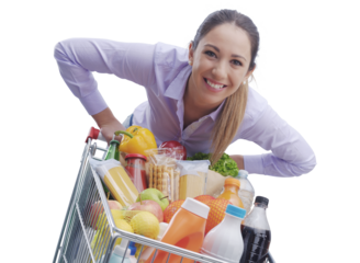 PNG file no background Cheerful woman pushing a full trolley