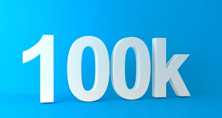 100K Followers. Achievement in 100K followers.100 000 followers background. Congratulating networking thanks, net friends abstract image, customers. 3d rendering. Isolated like and thumbs. Web banner.