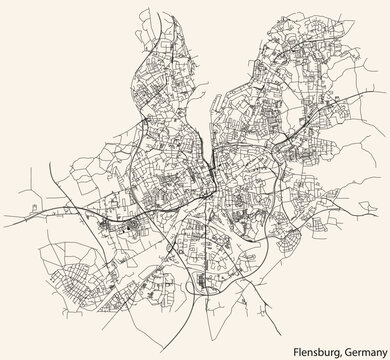 Detailed navigation black lines urban street roads map of the German town of FLENSBURG, GERMANY on vintage beige background