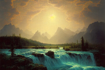 Fantasy taiga river flowing from mountains