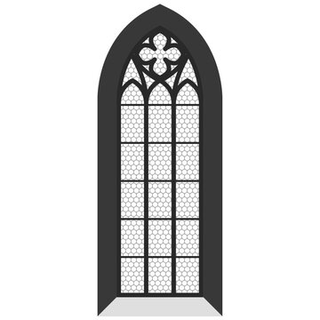 Church window, stained-glass gothic style window in temple, catholic cathedral, vector