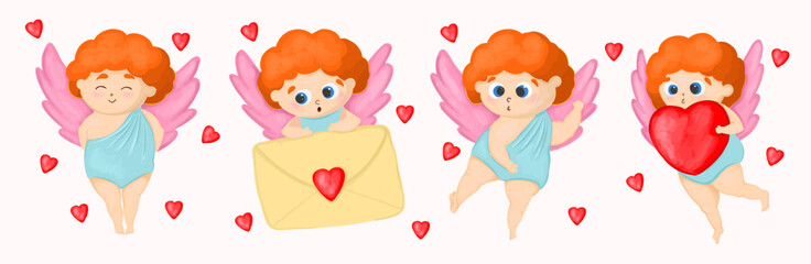 Amur mascot in different poses. Cupid angel. Valentine's Day character. Vector illustration