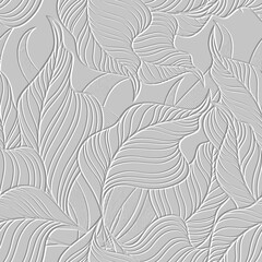 Leafy white 3d lines seamless pattern. Tropical floral background. Repeat textured white vector backdrop. Surface emboss leaves. 3d endless ornament with embossing effect. Leafy embossed texture - obrazy, fototapety, plakaty