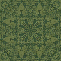 Floral textured 3d seamless pattern. Vector embossed green background. Repeat emboss flowers leaves backdrop. Surface relief ornament in Baroque Victorian style. Leafy pattern with embossing effect