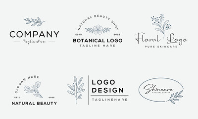 Botanical floral element hand drawn logo with wild flower and leaves for spa and beauty organic shop