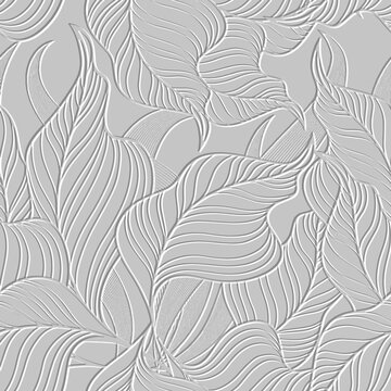Leafy white 3d lines seamless pattern. Tropical floral background. Repeat textured white vector backdrop. Surface emboss leaves. 3d endless ornament with embossing effect. Leafy embossed texture