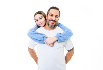 teen girl with monoparental father on studio white background