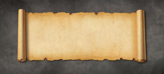 Old paper horizontal banner. Parchment scroll on a concrete wall