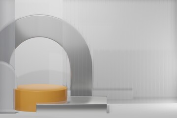 Circular base 3D glass and metalic realistic empty display podium for product placement scene presentation background
