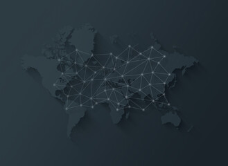 World map and digital network illustration on a black background