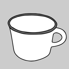 Black and white hand drawing outline vector illustration of a cup for hot tea or coffee isolated on a gray background