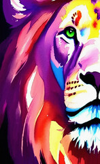 Digital watercolor painting purple color lion portrait