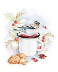 Christmas Clipart. Watercolor Bird Clipart. Mug Clipart. Gingerbread, spiced wine, rosehip, Holly berries, star anise - 550059670