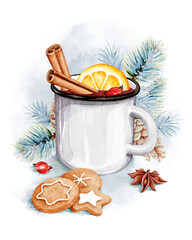 Christmas Mug Clipart. Watercolor Mulled Wine Clipart. Gingerbread, spiced wine, star anise and cinnamon. - 550059672