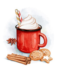 Hot Chocolate Red Mug Clipart. Watercolor Christmas Clipart. Cream, gingerbread, star anise, cinnamon and candy canes - 550059812