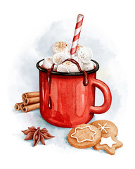 Hot Chocolate Red Mug Clipart. Watercolor Christmas Clipart. Gingerbread, marshmallow, candy cane, star anise and cinnamon - 550059813