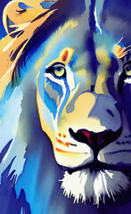 Digital watercolor painting blue color lion portrait