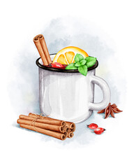 Christmas Mug Clipart. Watercolor Mulled Wine Clipart. Spiced wine or hot cut of tea, star anise and cinnamon - 550059848