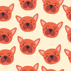 Vector seamless pattern with French bulldogs on light background. Vector illustration