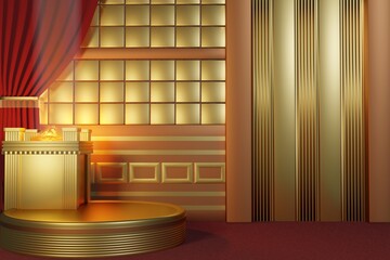 Gold base 3D kingdom realistic empty display podium for product placement scene presentation background