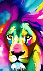 Digital watercolor painting color paint splashes lion portrait