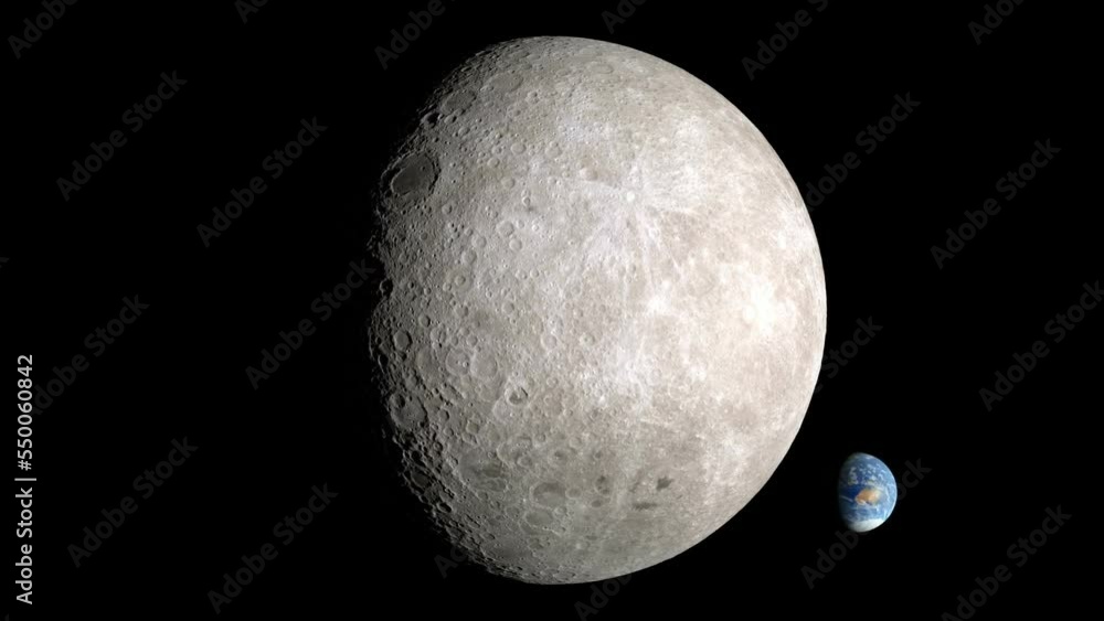 Wall mural simulation view from the moon's far side, camera is to the moon's surface. earth and sun spinning ar