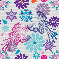 Colorful seamless pattern with flowers and butterflies on a gray background. Vector 